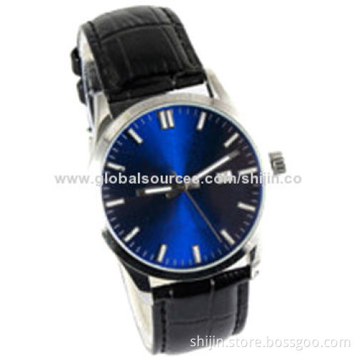 Stainless steel watch with genuine leather band and blue dial for men, fashion with date show